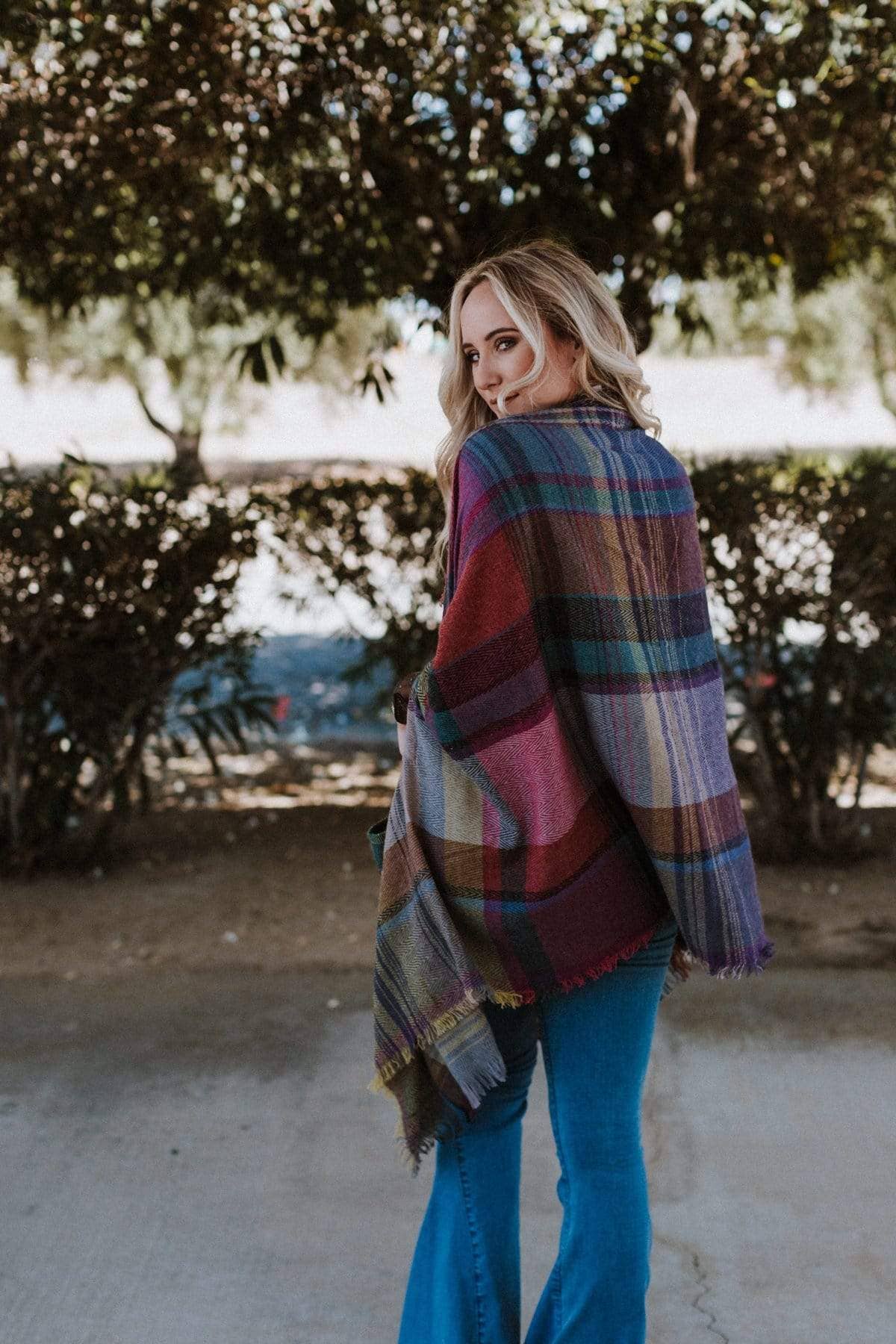Three Bird Nest - Cozy Plaid Pocket Ruana Wrap - Fuchsia