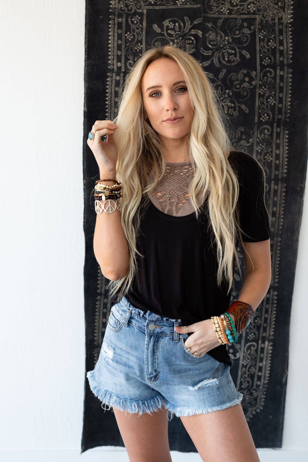Three Bird Nest - Scoop Neck Bralette Tee - Black