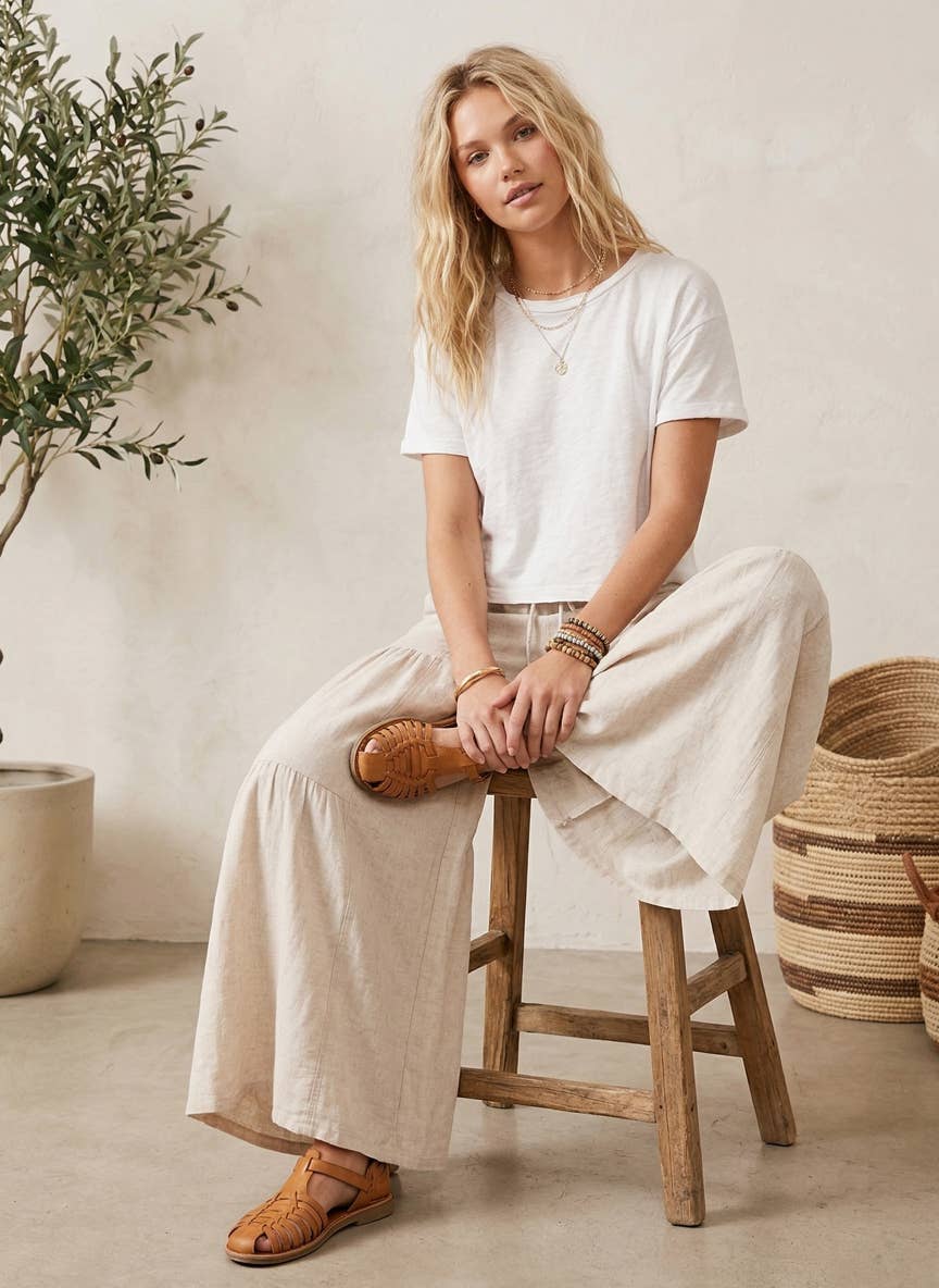 Sewn and Seen - Linen Blend Tiered Wide Leg Palazzo Pants