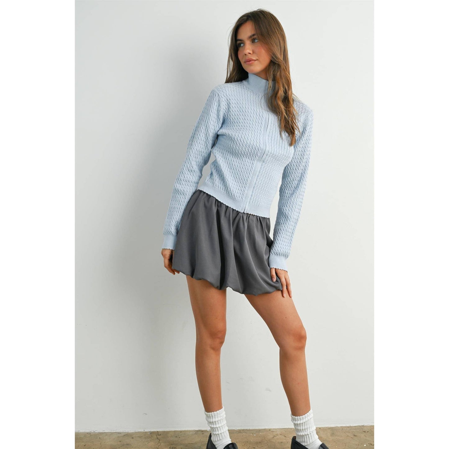BUTTERMELON - Zip Up Long Sleeve Mock Neck Cardigan - BMC7936
