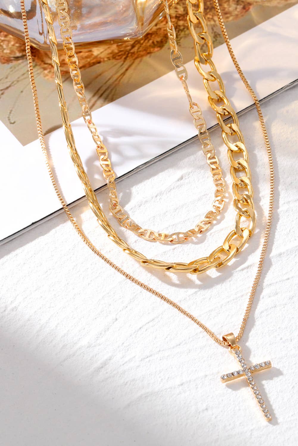 1 the Woman - Plated Cross Pendant Multi Layer Stacked Chains Necklace