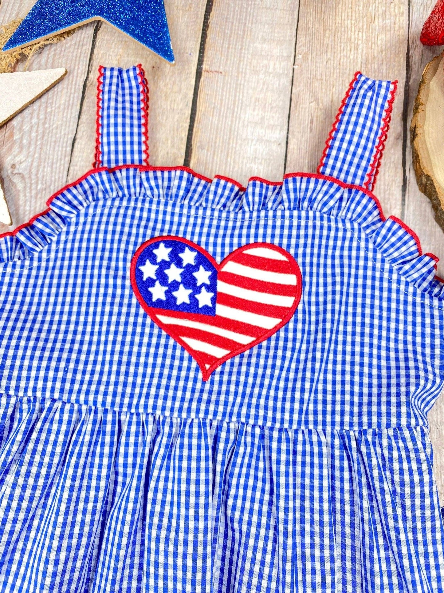 The Hair Bow Company - Blue Gingham American Heart Twirl Dress | Girls Patriotic Summer Dress
