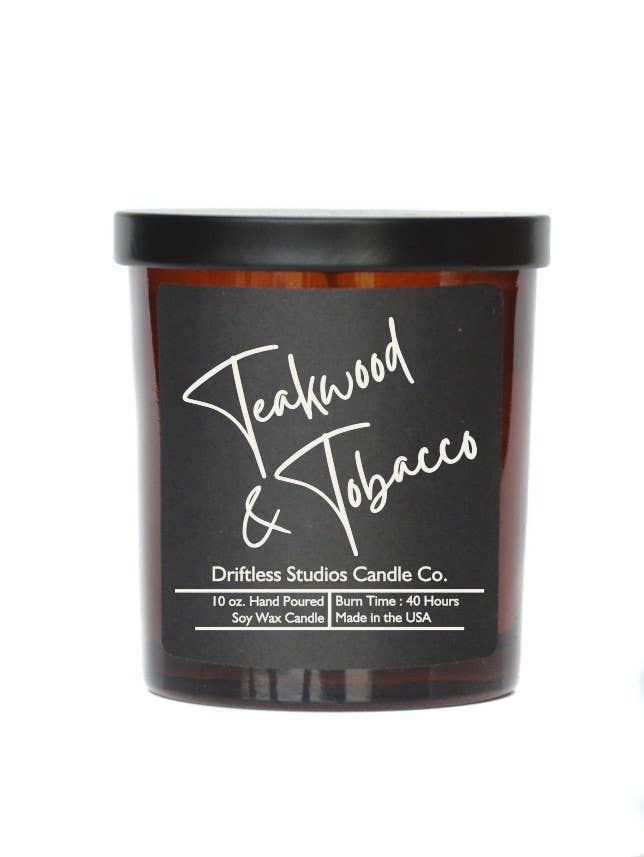 Driftless Studios - Teakwood & Tobacco Soy Candles-10oz Jar With Lid Black Label