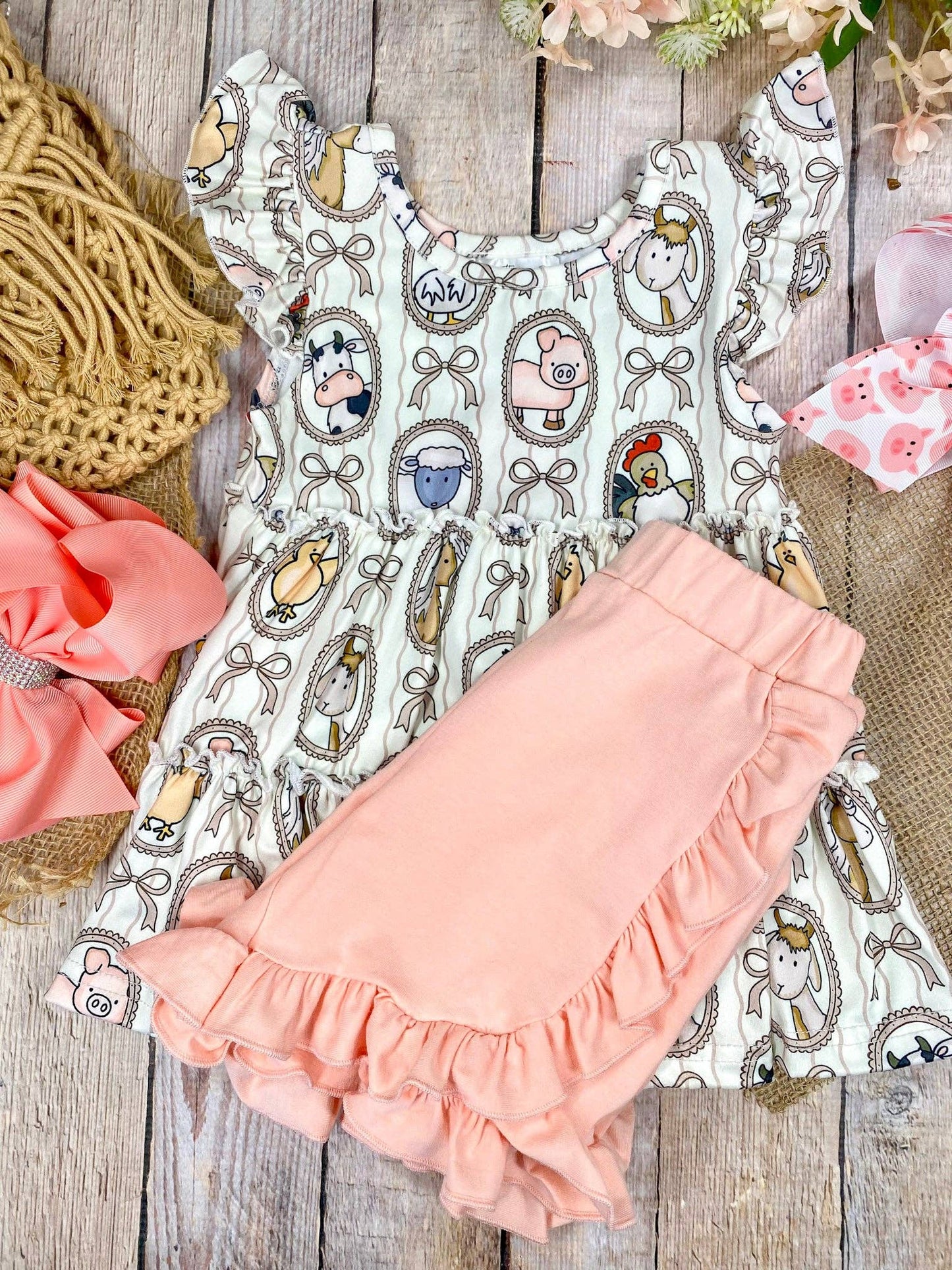 The Hair Bow Company - Farm Friends Cameo Two-Piece Set | Girls Farm Animal Top & Ruffle Shorts Set