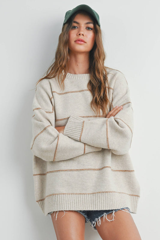 BUTTERMELON - Striped Pattern Drop Shoulder Sweater - BMW7421