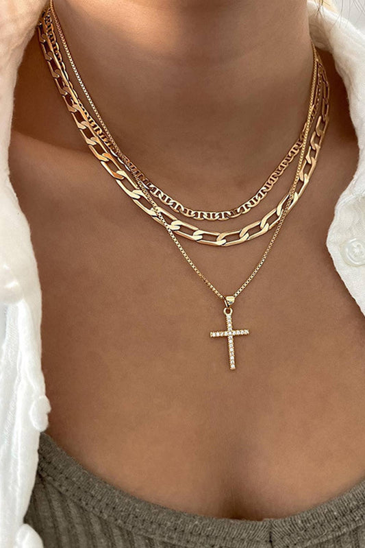 1 the Woman - Plated Cross Pendant Multi Layer Stacked Chains Necklace