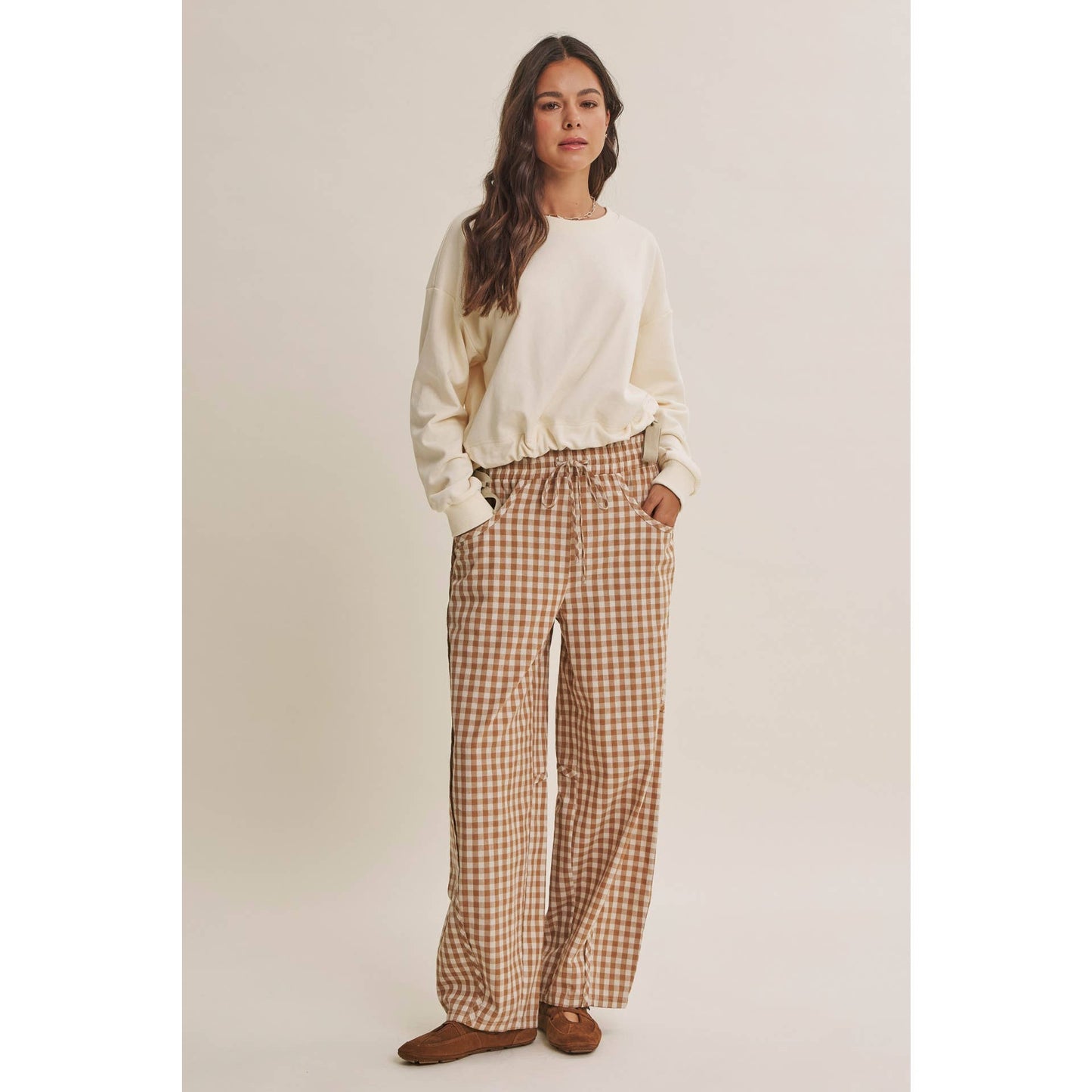 in february - EASY DAY RELAXED GINGHAM COTTON BARREL LEG PANTS