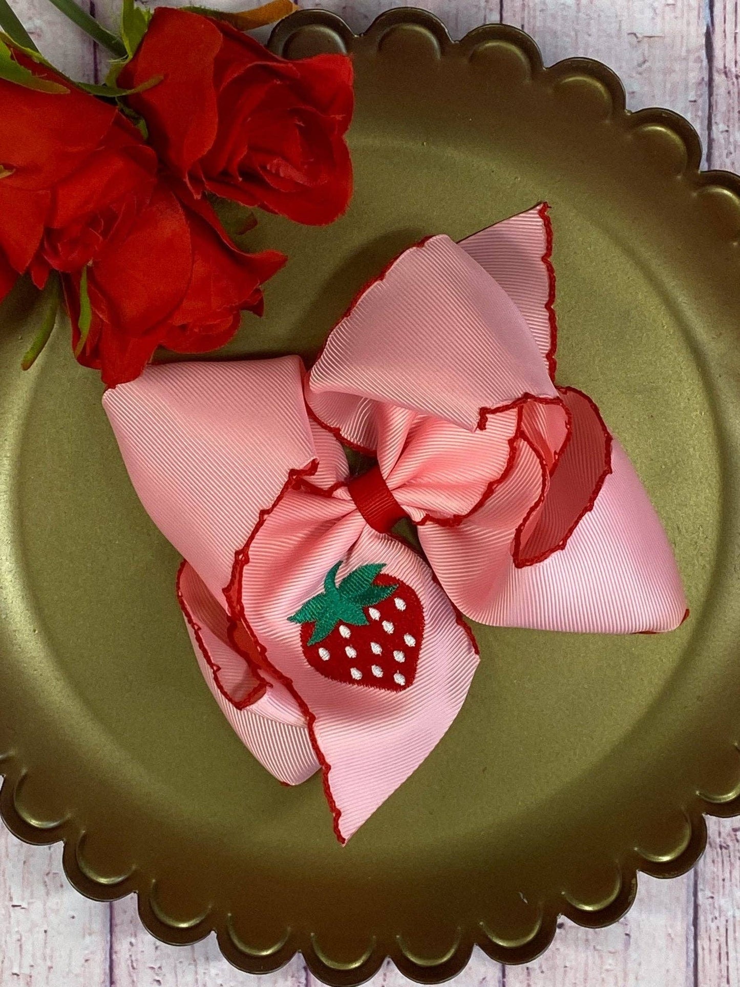 The Hair Bow Company - Strawberry Embroidered Moonstitch Hair Bow | Clip or Headband