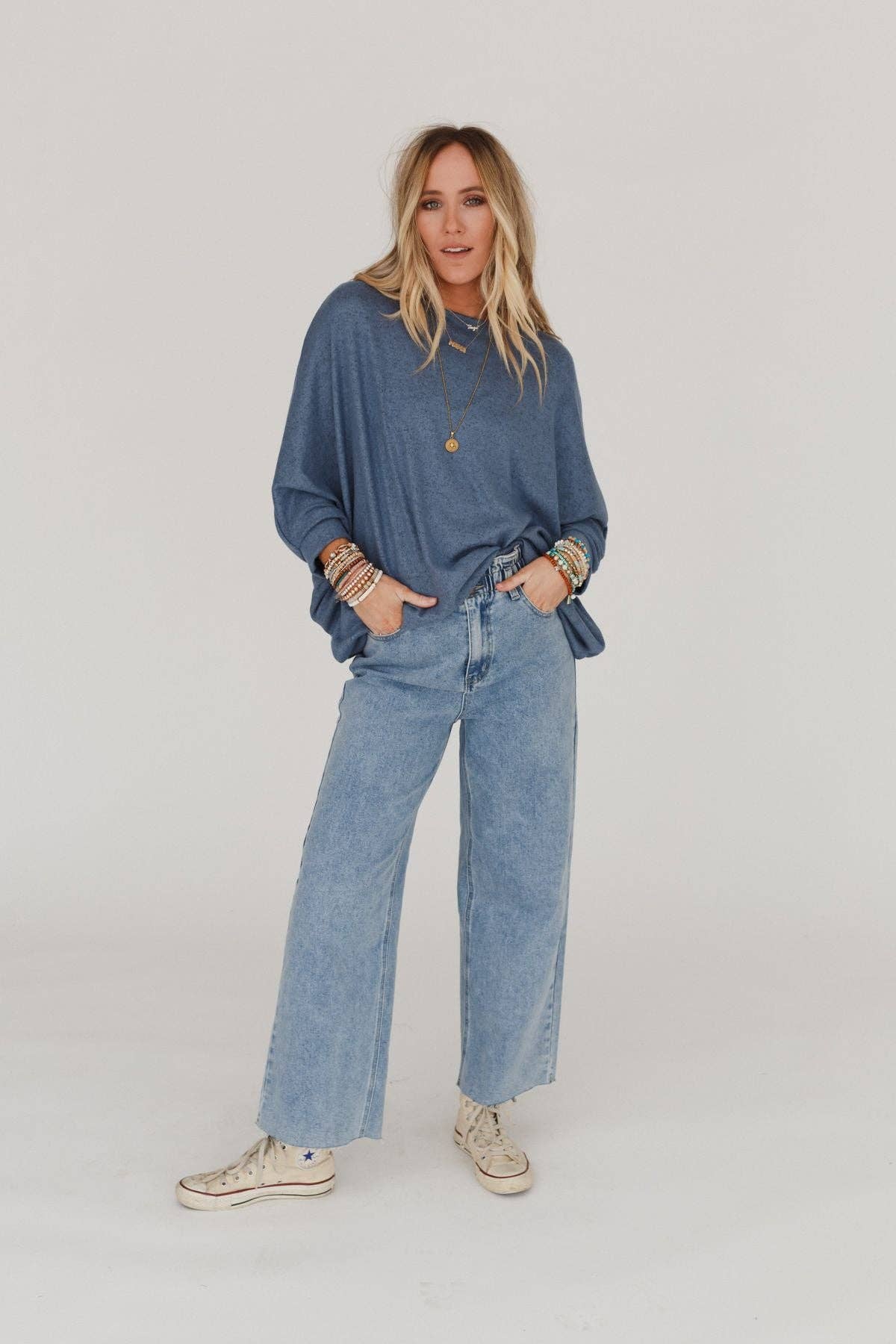 Three Bird Nest - Fly With Me Batwing Sleeve Knit Sweater - Dusty Blue