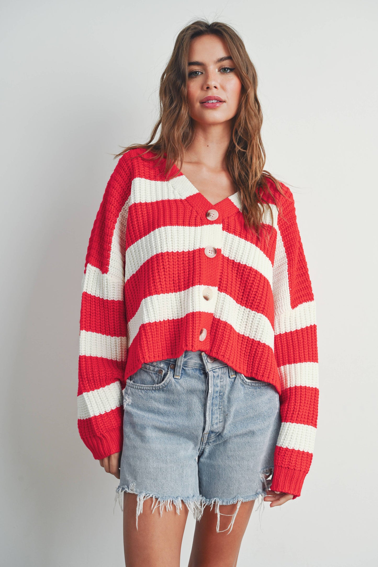 BUTTERMELON - Striped V-Neck Cardigan sweater with Buttons - BMC7331