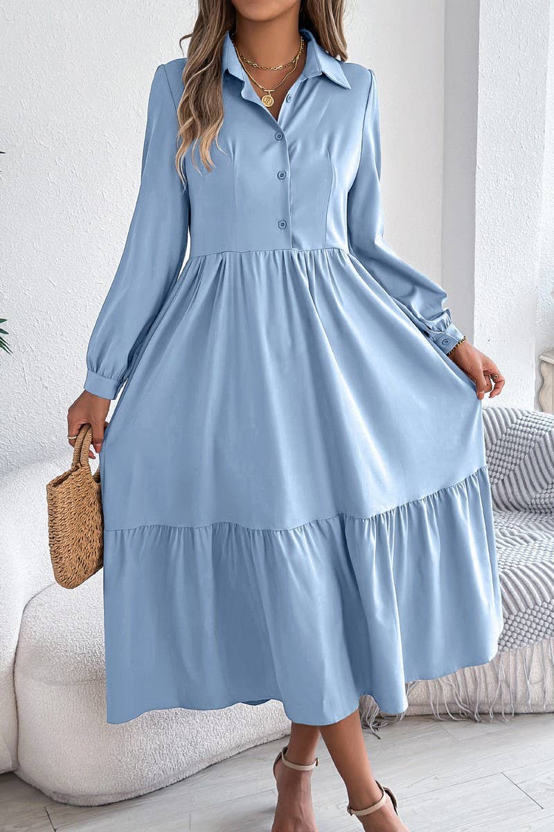 NINEXIS - CWDMD6027_LOOSE FIT RUFFLE TRIM LONG SLEEVE SHIRT DRESS