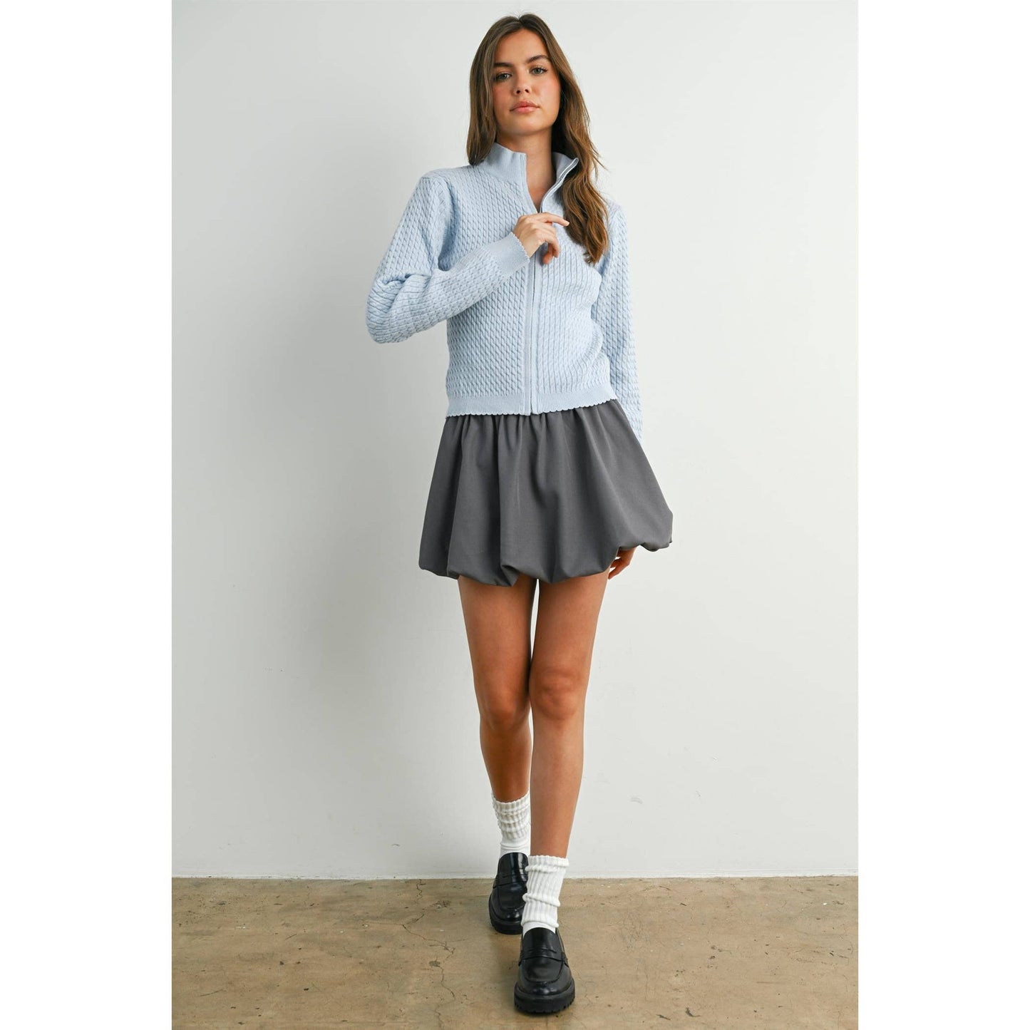 BUTTERMELON - Zip Up Long Sleeve Mock Neck Cardigan - BMC7936