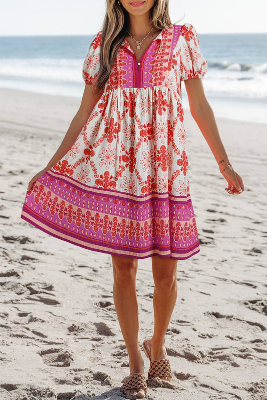 Aapparella - Cute Boho Floral Short Sleeve Mini Dress | S-XL
