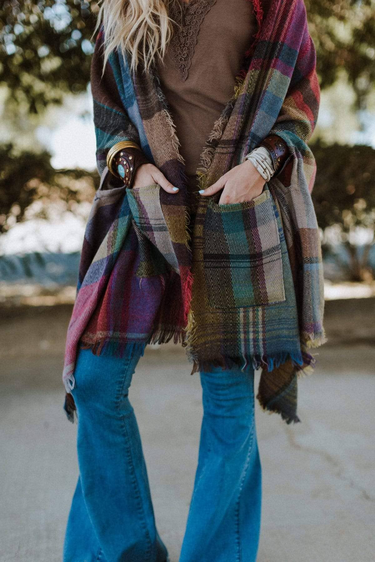 Three Bird Nest - Cozy Plaid Pocket Ruana Wrap - Fuchsia