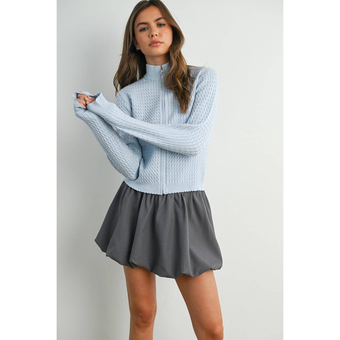 BUTTERMELON - Zip Up Long Sleeve Mock Neck Cardigan - BMC7936
