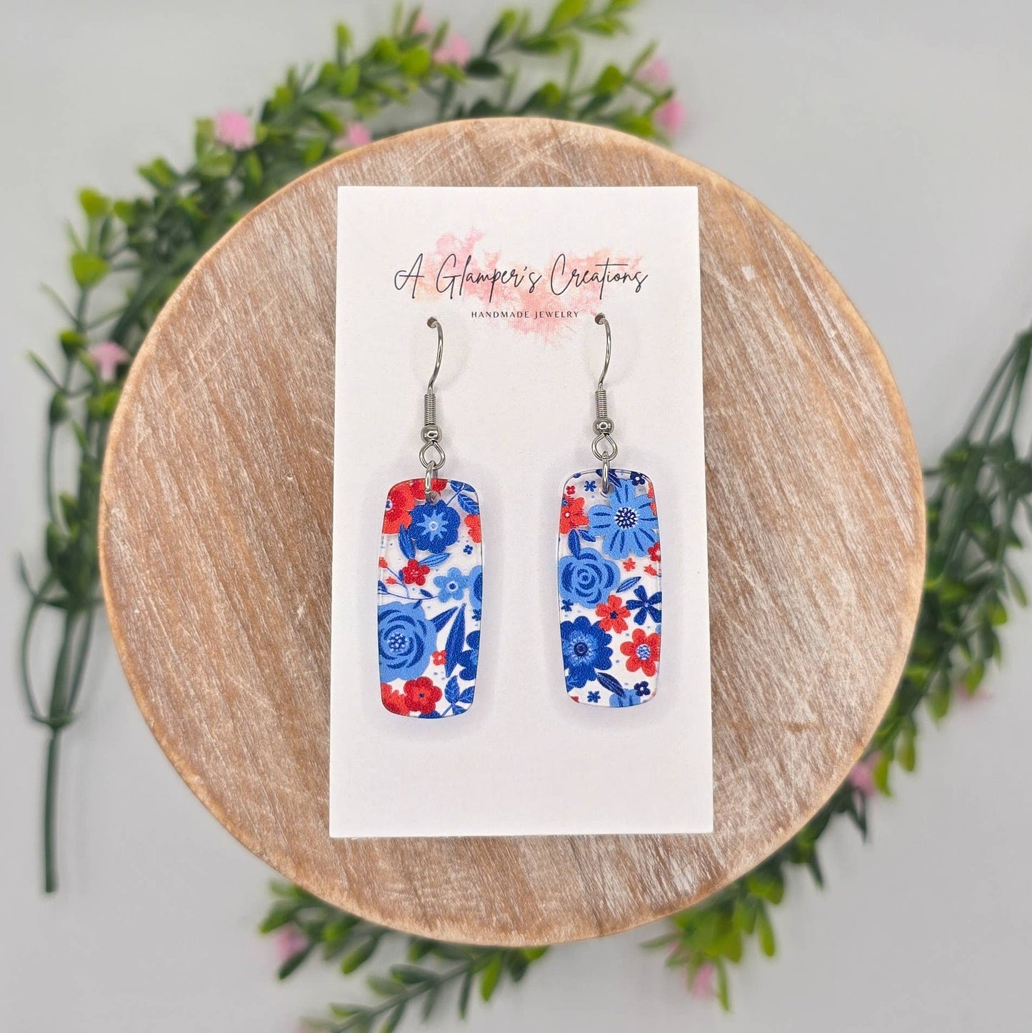 A Glamper's Creations LLC - 4th of July Red & Blue Floral Acrylic Mini Bar Earrings
