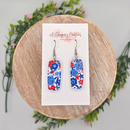 A Glamper's Creations LLC - 4th of July Red & Blue Floral Acrylic Mini Bar Earrings