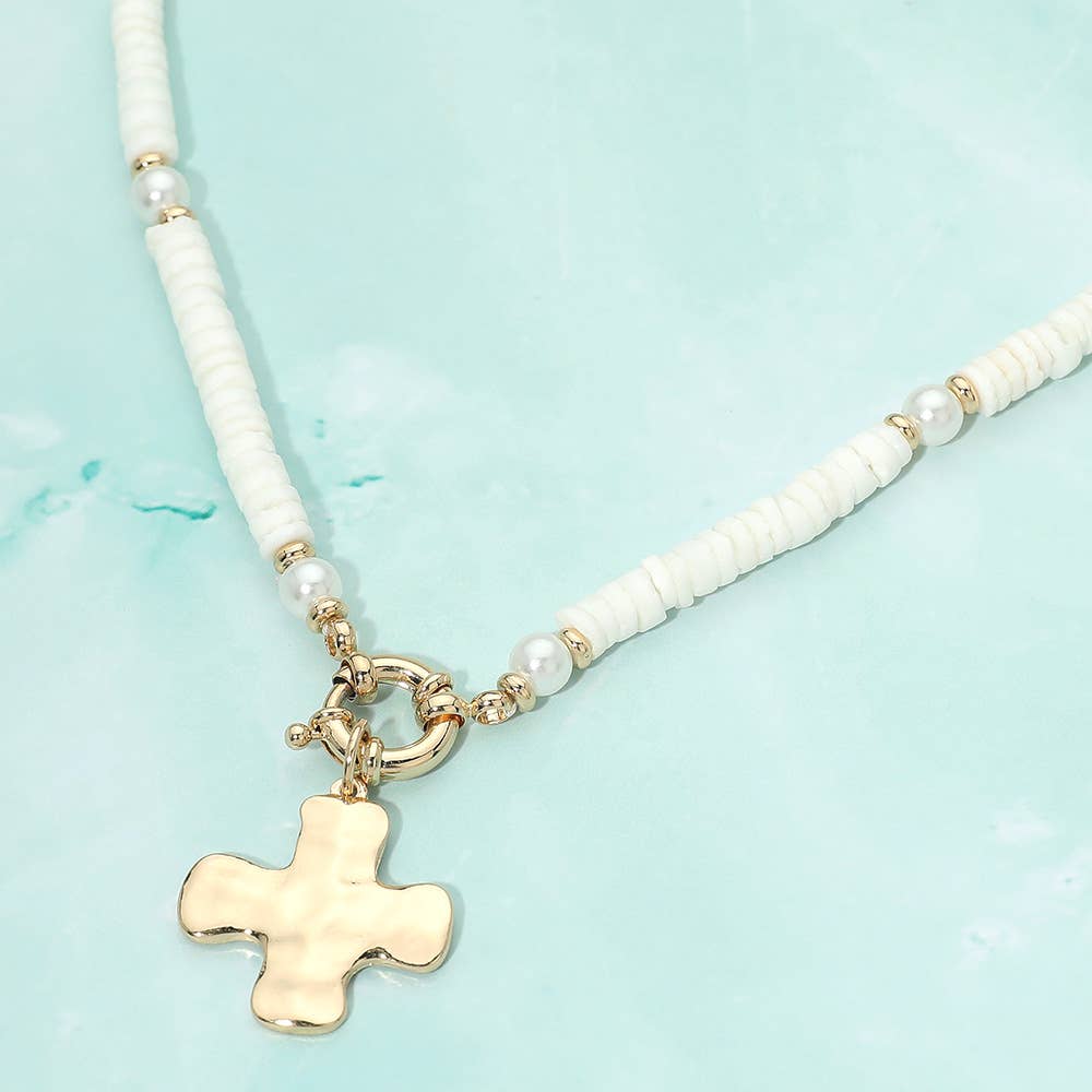 Sensibling Corp. - Hammered Metal Cross Charm Pendant Accent Pearl Flat Beaded Necklace