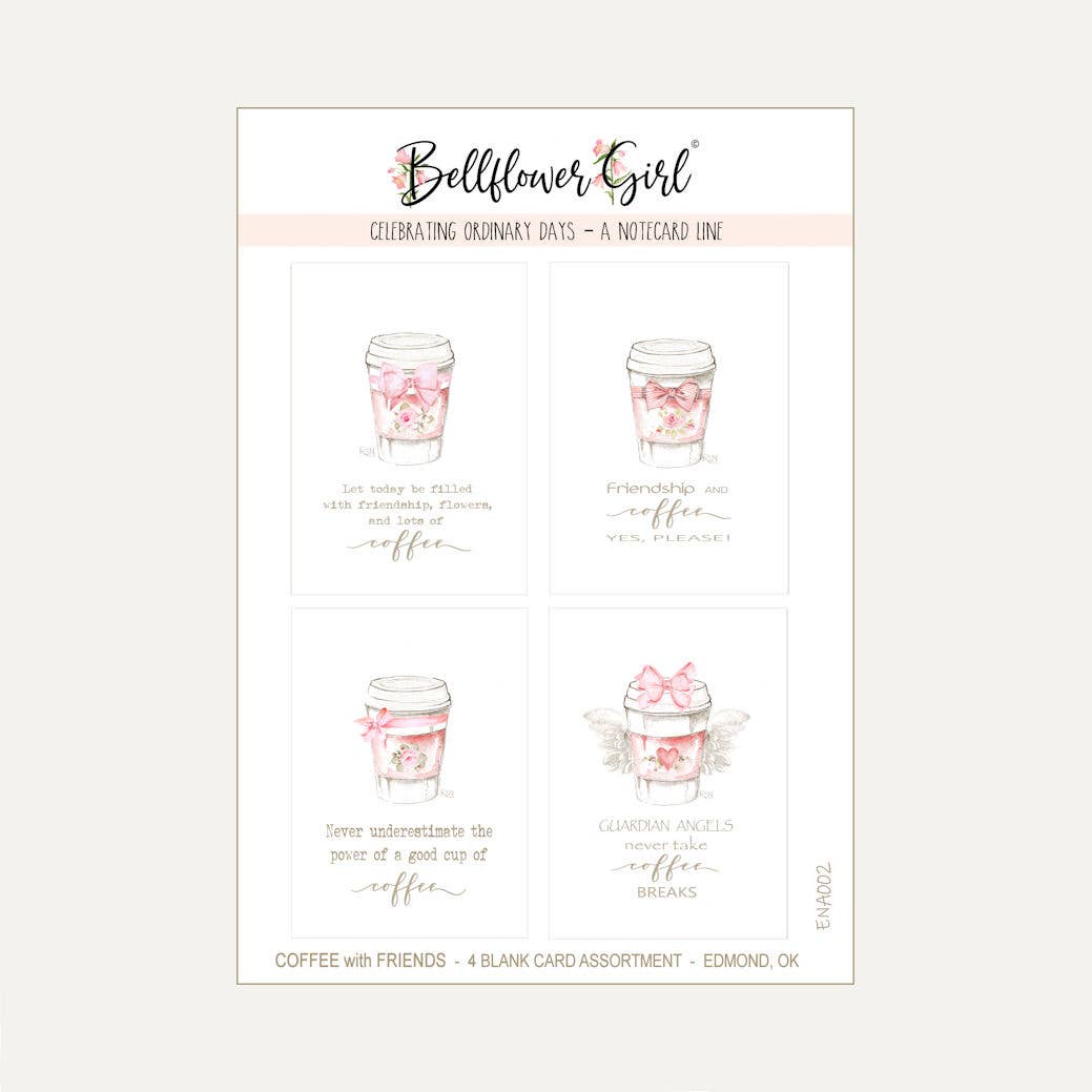 Bellflower Girl - Coffee & Friends Assortment #2 - Rose - Watercolor 4 Cards