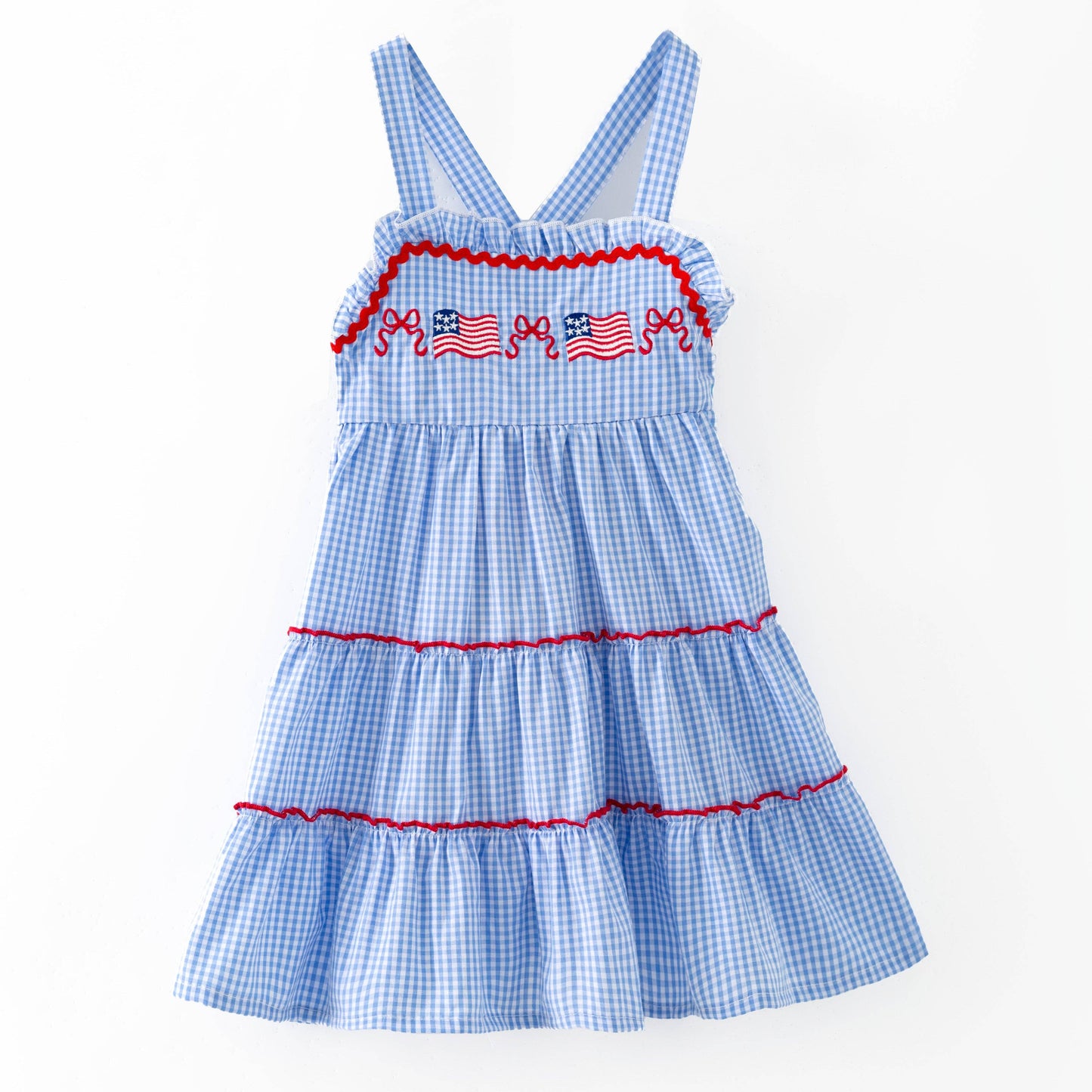 The Hair Bow Company - Blue Gingham American Flag Tiered Dress | Girls Patriotic Ruffle Dress