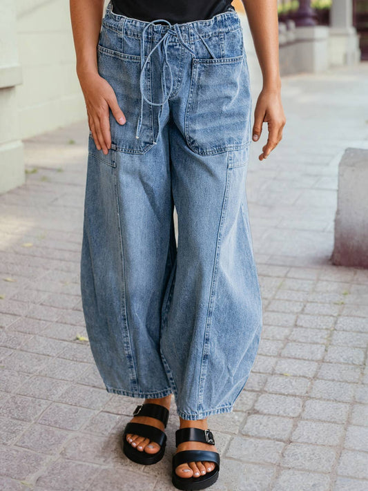 1 the Woman - Large Patch Pocket Drawstring Paperbag Waist Barrel Jeans