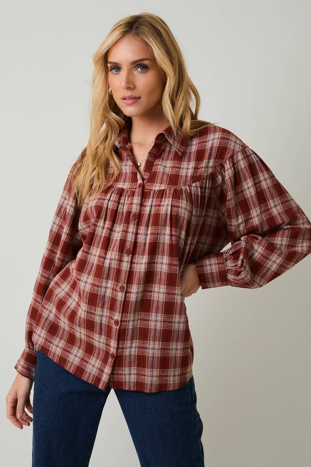 Sunday Edition by LE LIS - BALLOON SLEEVE BUTTON UP PLAID FLANNEL SHIRT