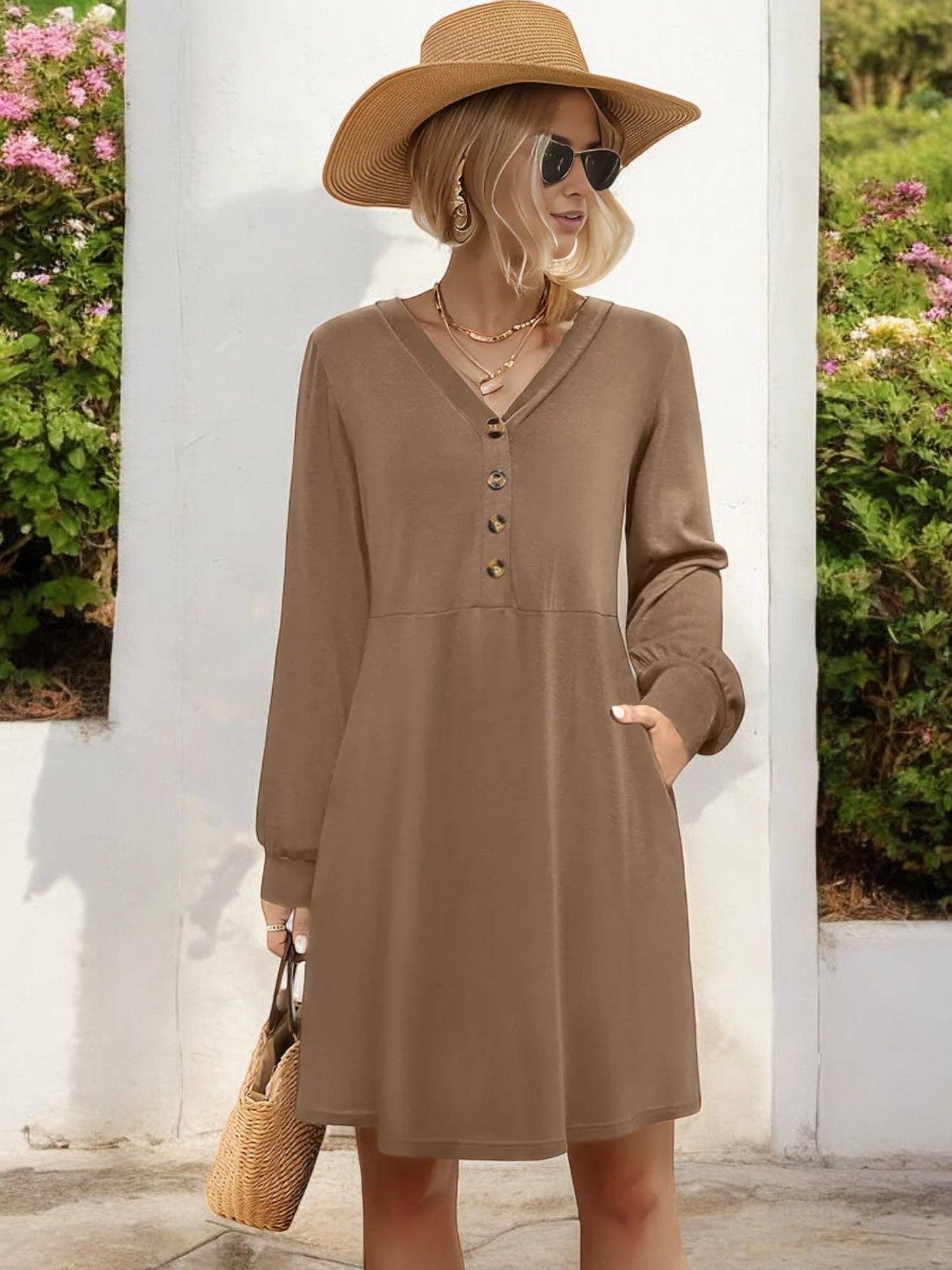 Anna Kaci Wholesale - V-Neck Long Sleeve Button Front Dress with Pockets
