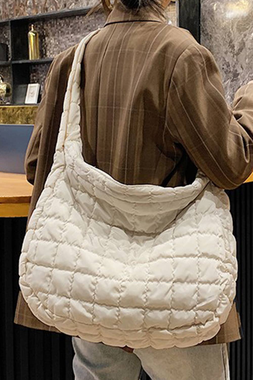 Lovesoft - Quilted Zipper Large Shoulder Bag