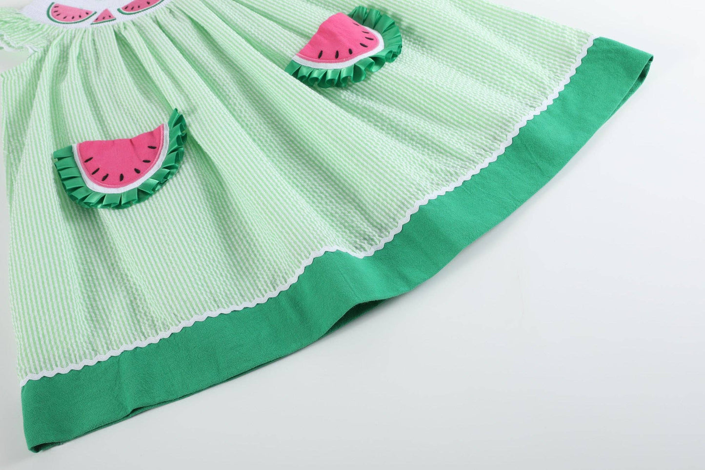 Lil Cactus - Green Seersucker Watermelon Smocked Bishop Dress
