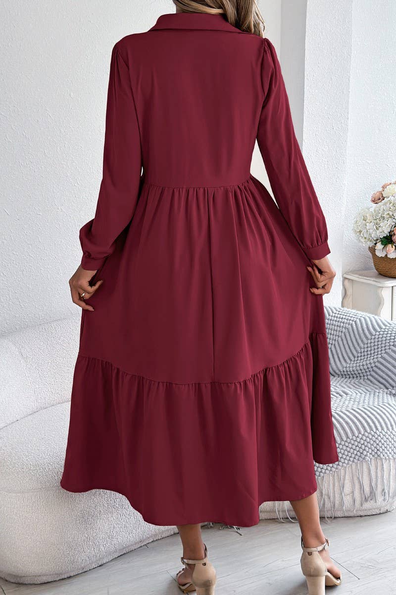 NINEXIS - CWDMD6027_LOOSE FIT RUFFLE TRIM LONG SLEEVE SHIRT DRESS