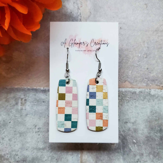 A Glamper's Creations LLC - Colorful Checkerboard Mini Bar Leather Earrings