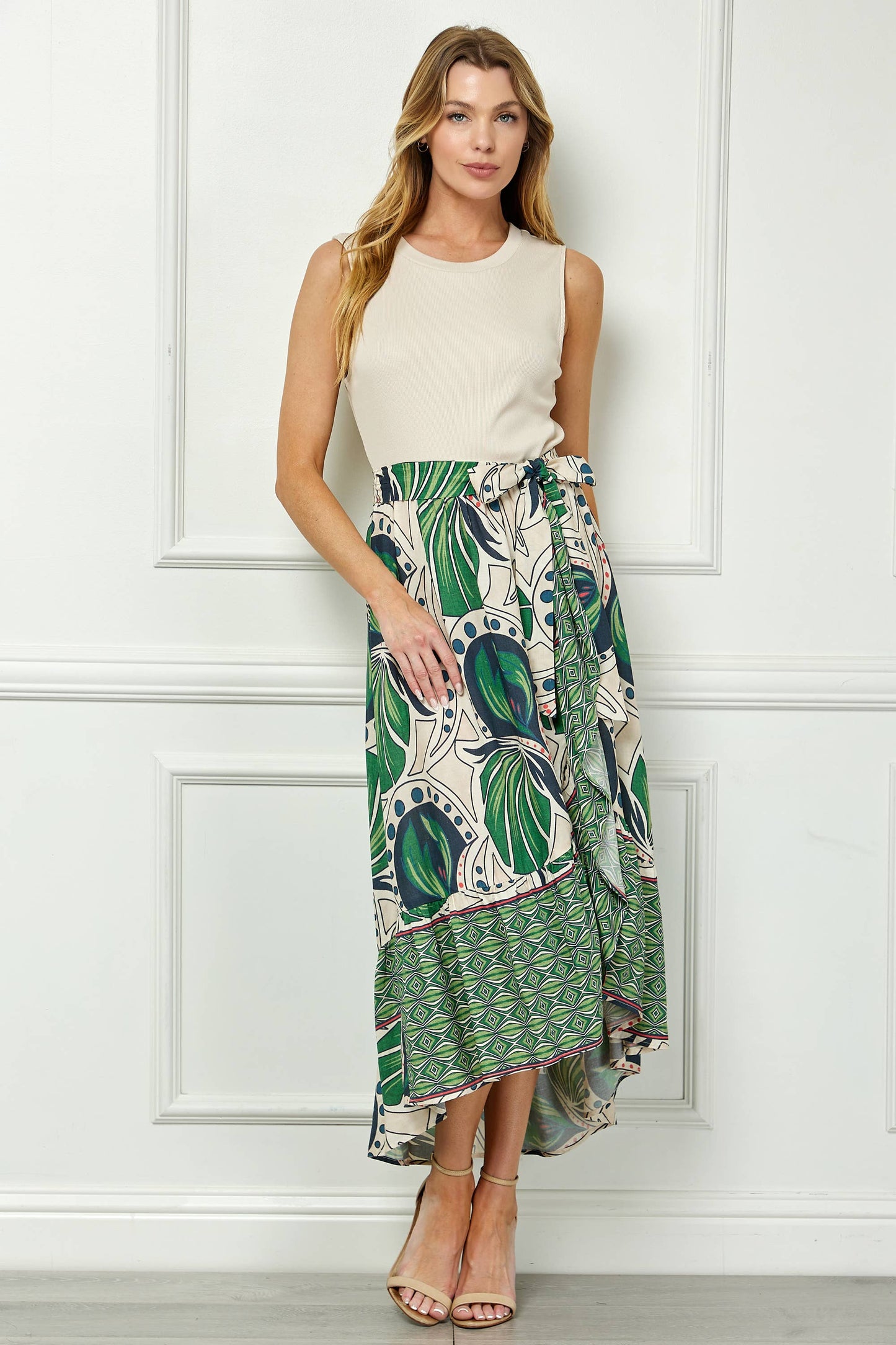 Winslow Collection - TROPIC TALES BELTED FAUX WRAP PRINTED DRESS WITH RUFFLE HEM