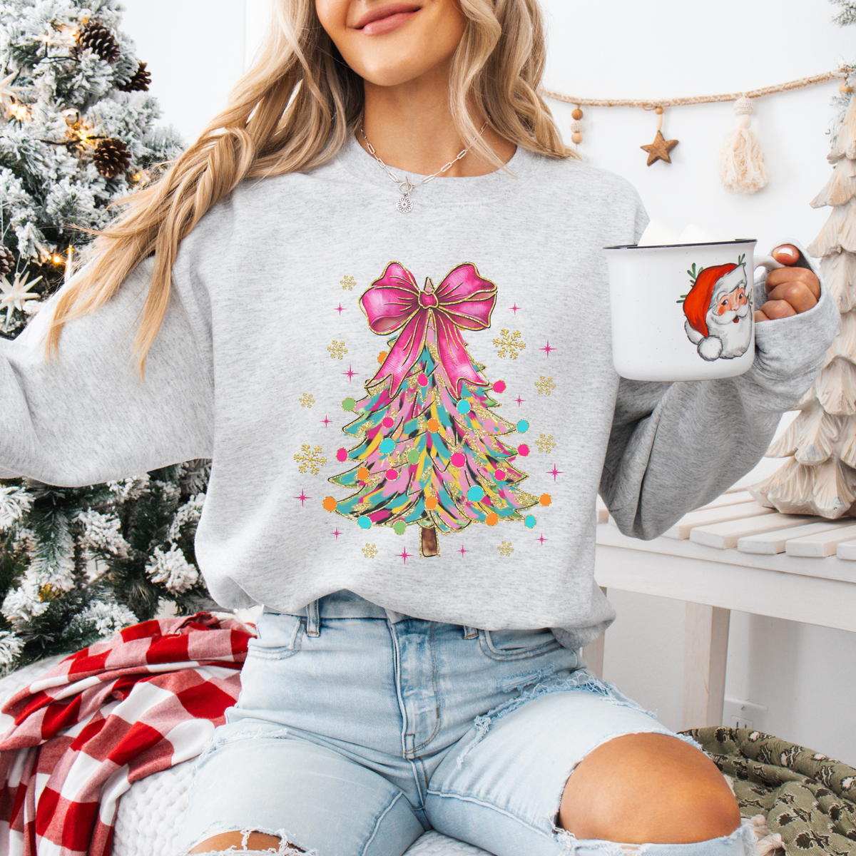 Trendznmore - Modern Graphic Apparel - Bright Colorful Coquette Christmas Tree Crewneck Sweatshirt