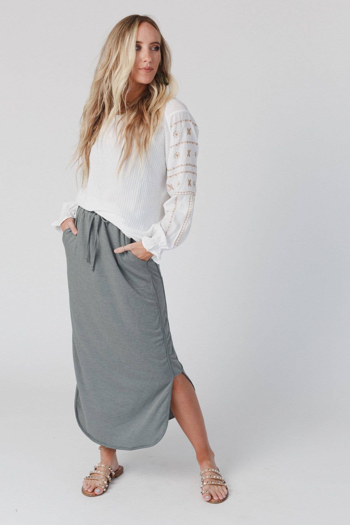 Three Bird Nest - So Comfy Drawstring Maxi Skirt - Light Olive