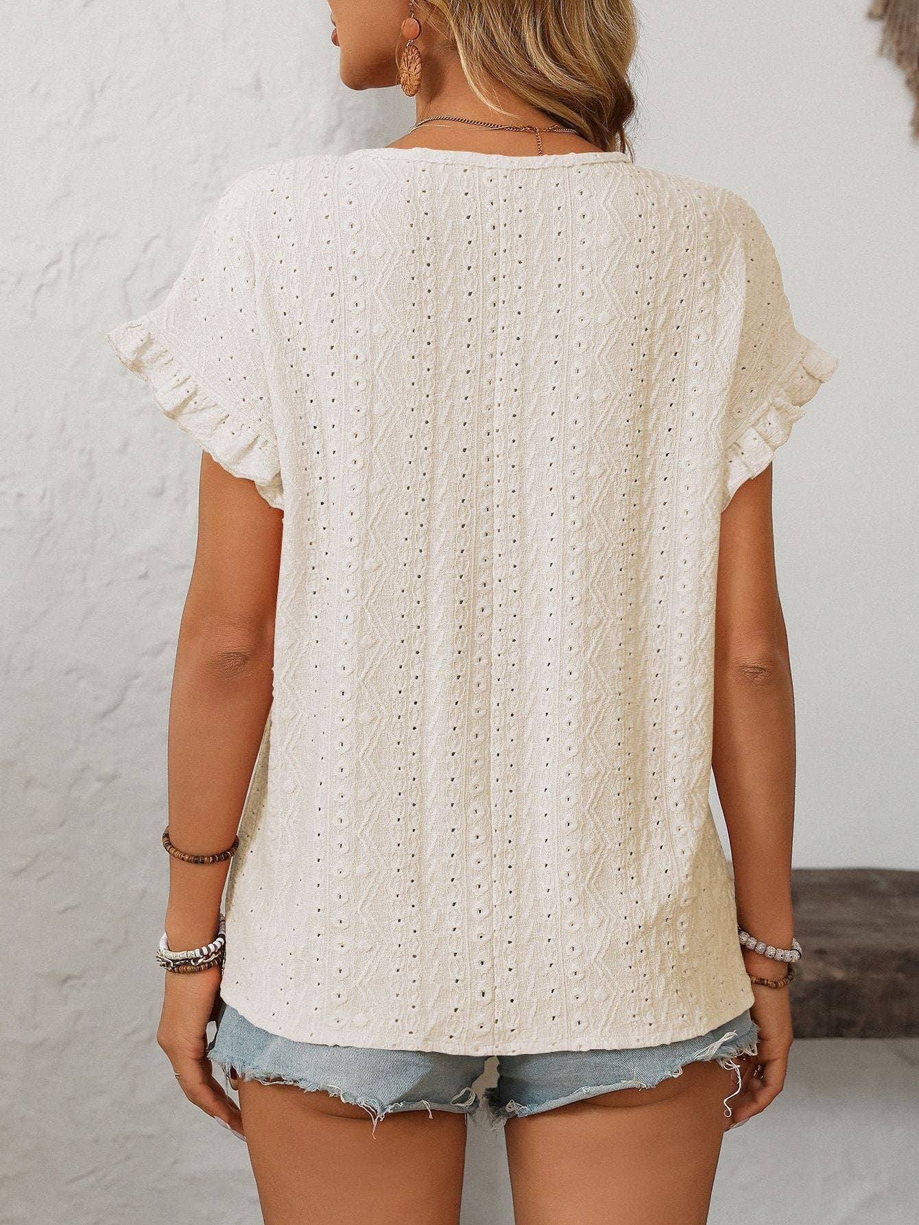 Lovesoft - Solid Color Crewneck Sweet Short-Sleeve Hollow-Out Top