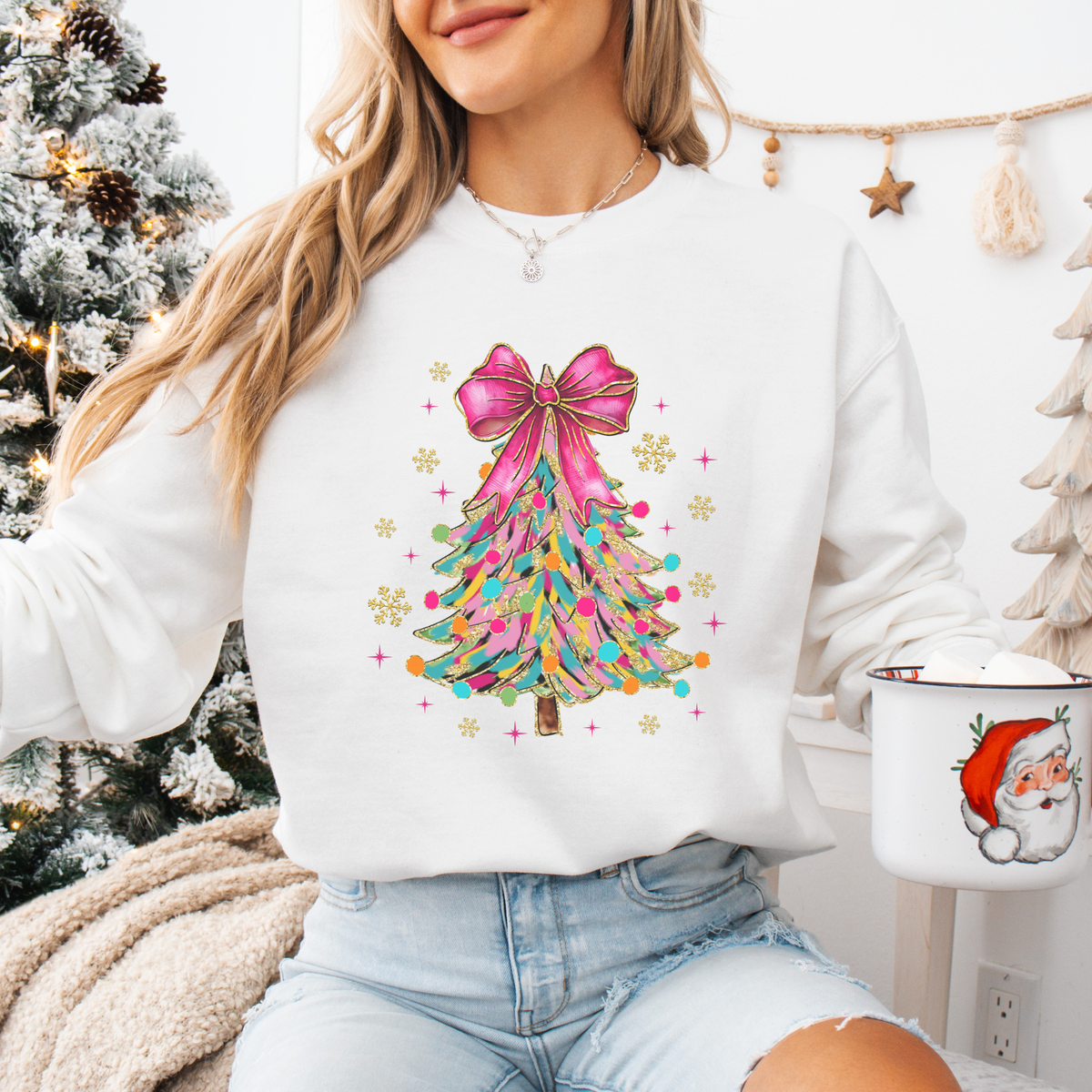 Trendznmore - Modern Graphic Apparel - Bright Colorful Coquette Christmas Tree Crewneck Sweatshirt