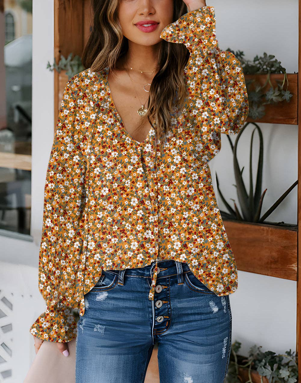 Lovesoft - Orange Boho Floral Ruffled Bubble Sleeve V Neck Fall Blouse