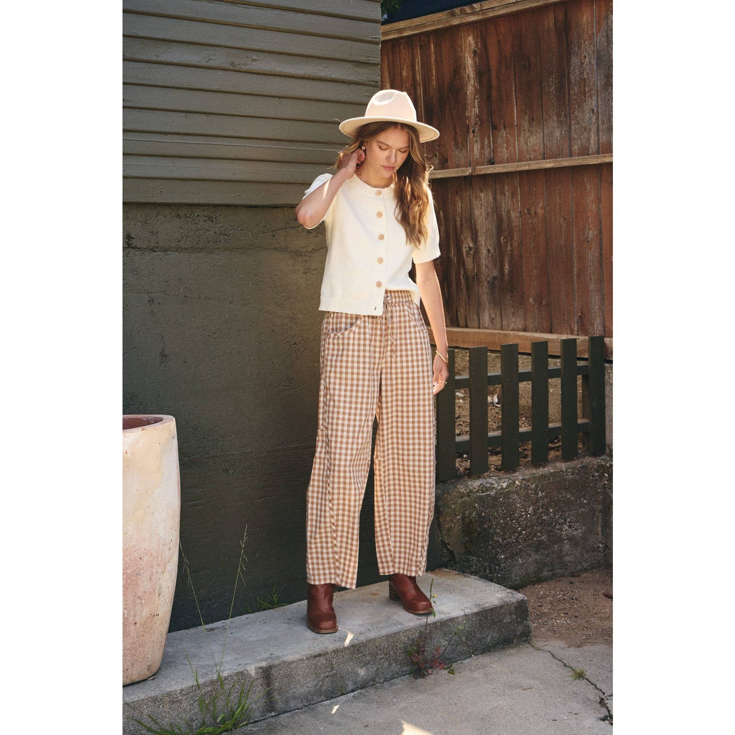 in february - EASY DAY RELAXED GINGHAM COTTON BARREL LEG PANTS