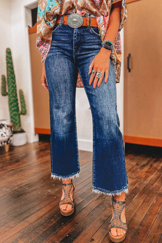 Lovesoft - Sail Blue Mineral Wash Raw Hem High Waist Flared Jeans
