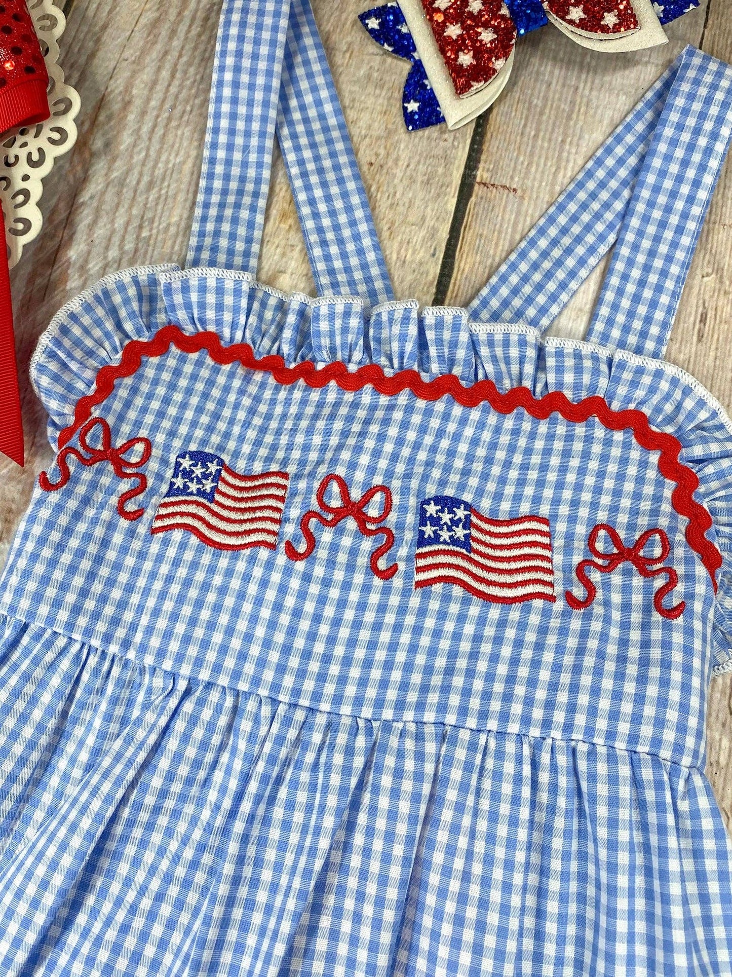 The Hair Bow Company - Blue Gingham American Flag Tiered Dress | Girls Patriotic Ruffle Dress