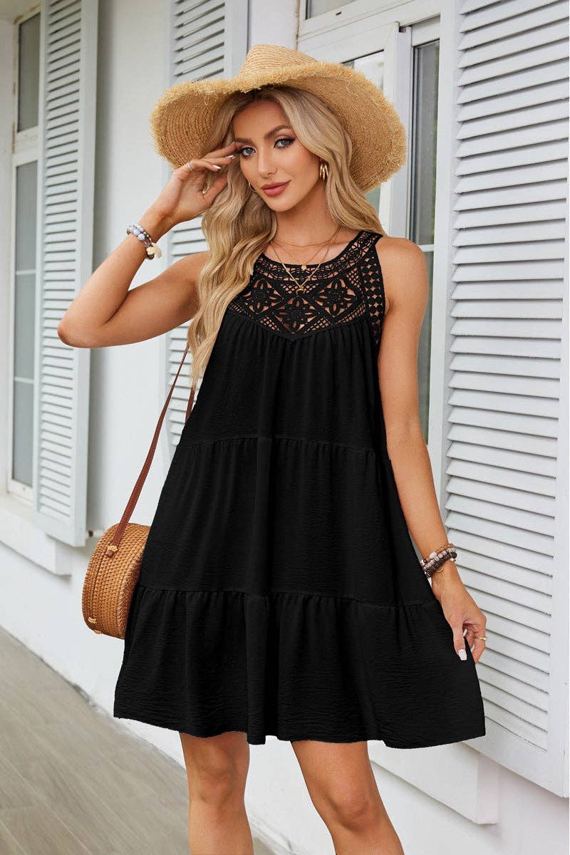 Lovesoft - Halter Neck Lace Trim Tiered A Line Summer Dress