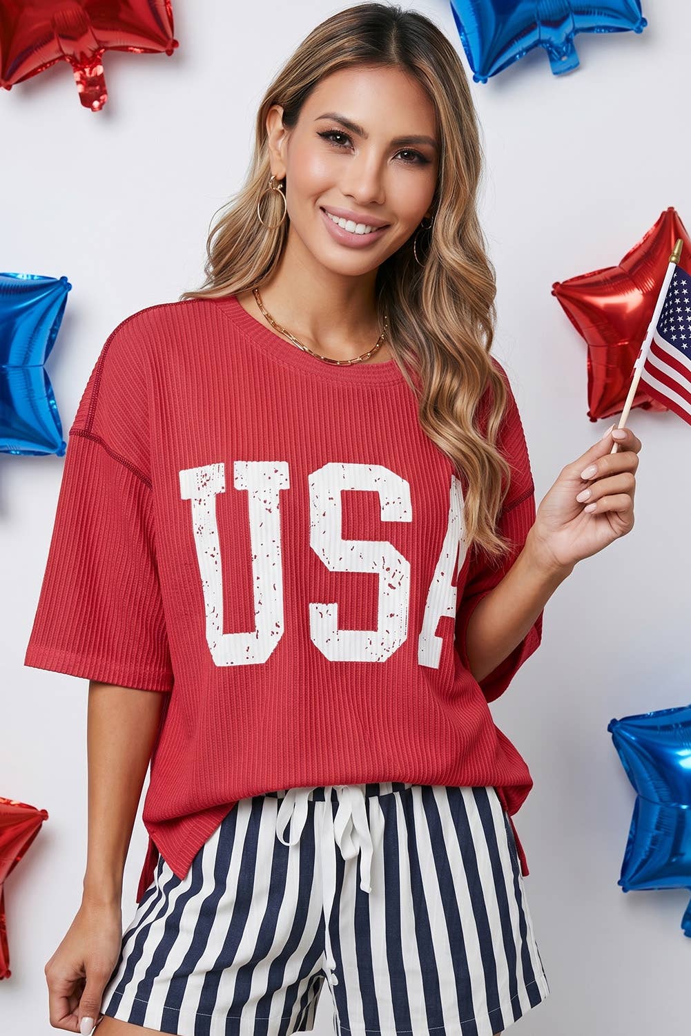 Little Daisy Closet - LDC 4th of July USA Graphic Half Sleeve Ribbed Top | S-4X