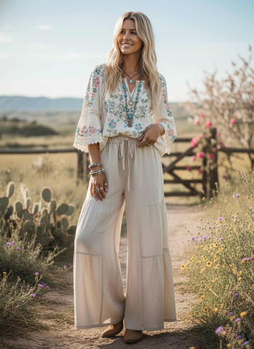 Sewn and Seen - Linen Blend Tiered Wide Leg Palazzo Pants