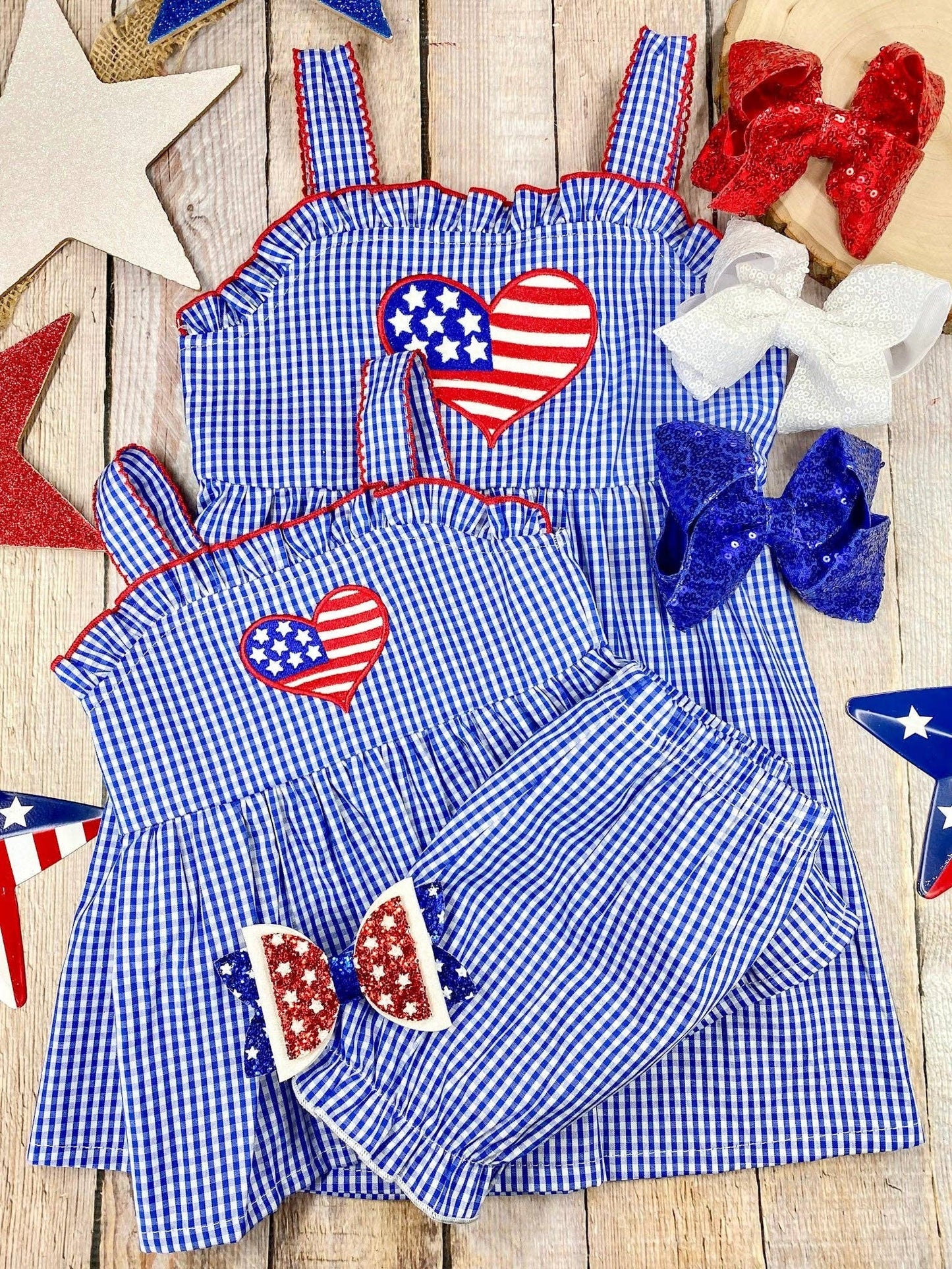 The Hair Bow Company - Blue Gingham American Heart Twirl Dress | Girls Patriotic Summer Dress