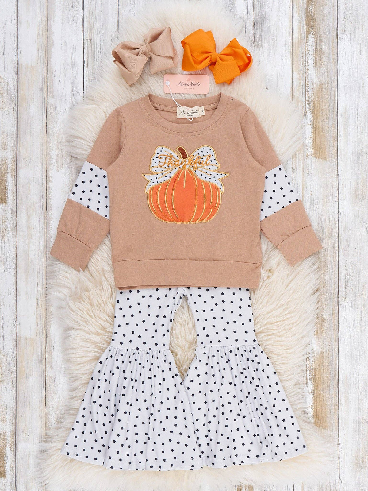 Marie Nicole Clothing - Polka Dots & Pumpkins Embroidered Bell Bottom Outfit