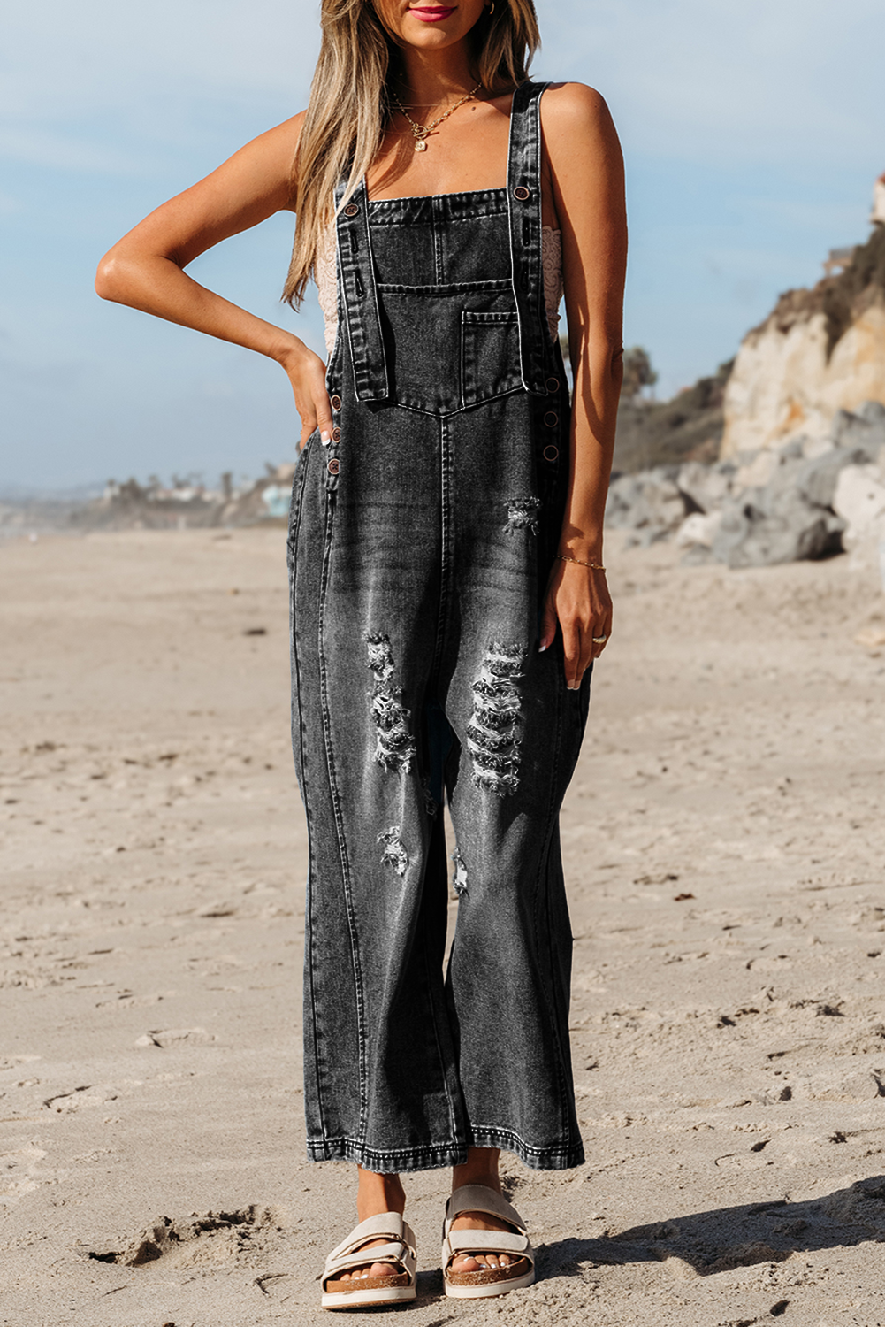 Little Daisy Closet - LDC Distressed Bib Pocket Wide Leg Denim Overall