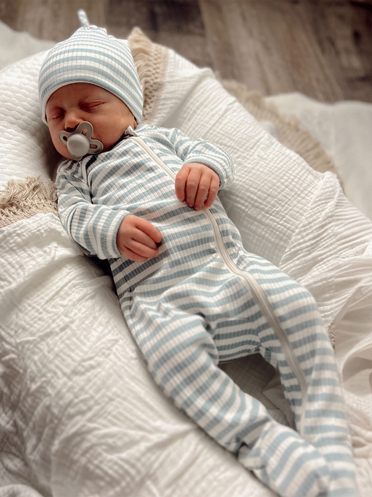 SIIX Collection - Dusty Blue Stripe / Organic Ribbed Zip Footie (Baby - Kids)