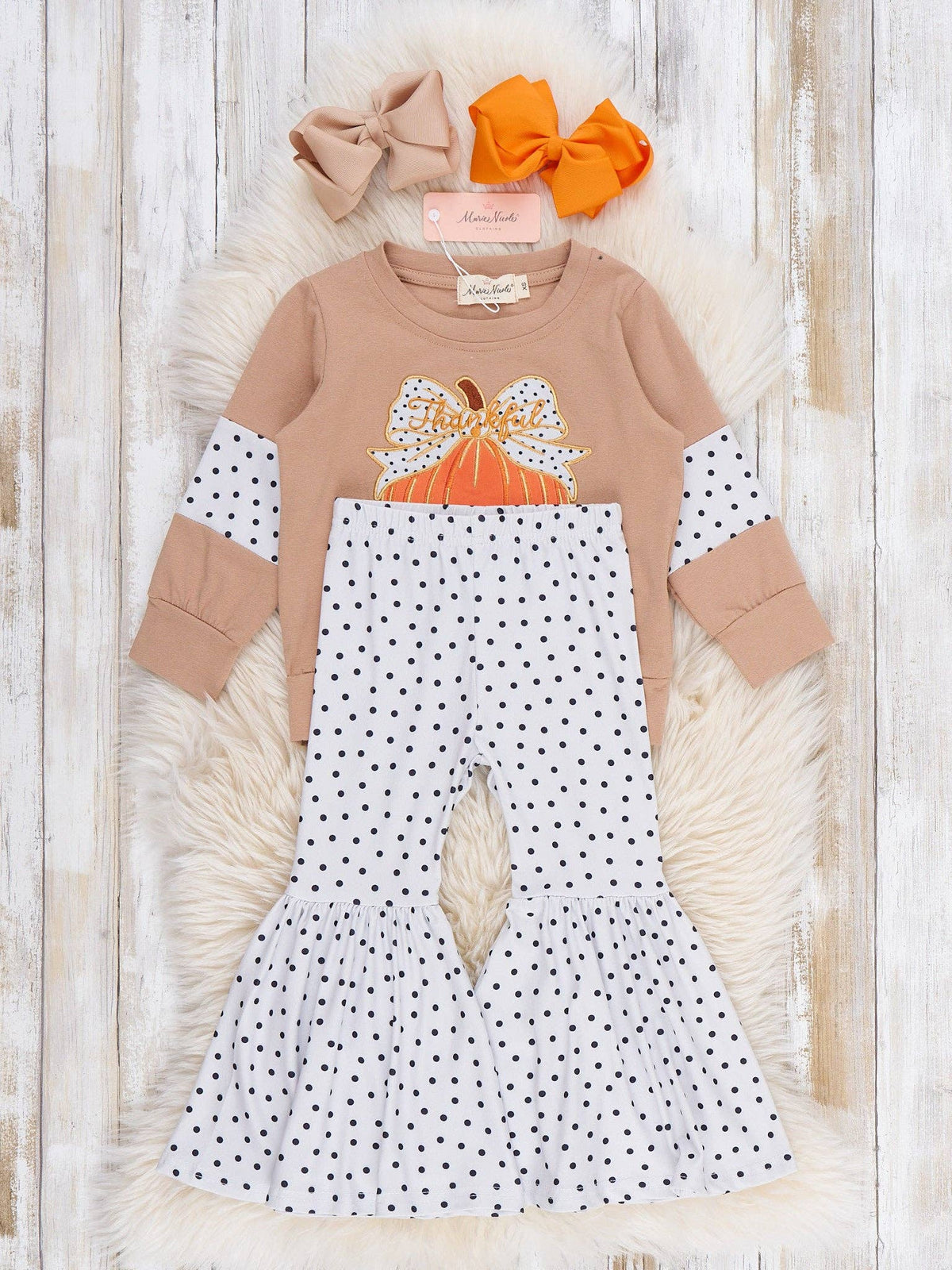 Marie Nicole Clothing - Polka Dots & Pumpkins Embroidered Bell Bottom Outfit