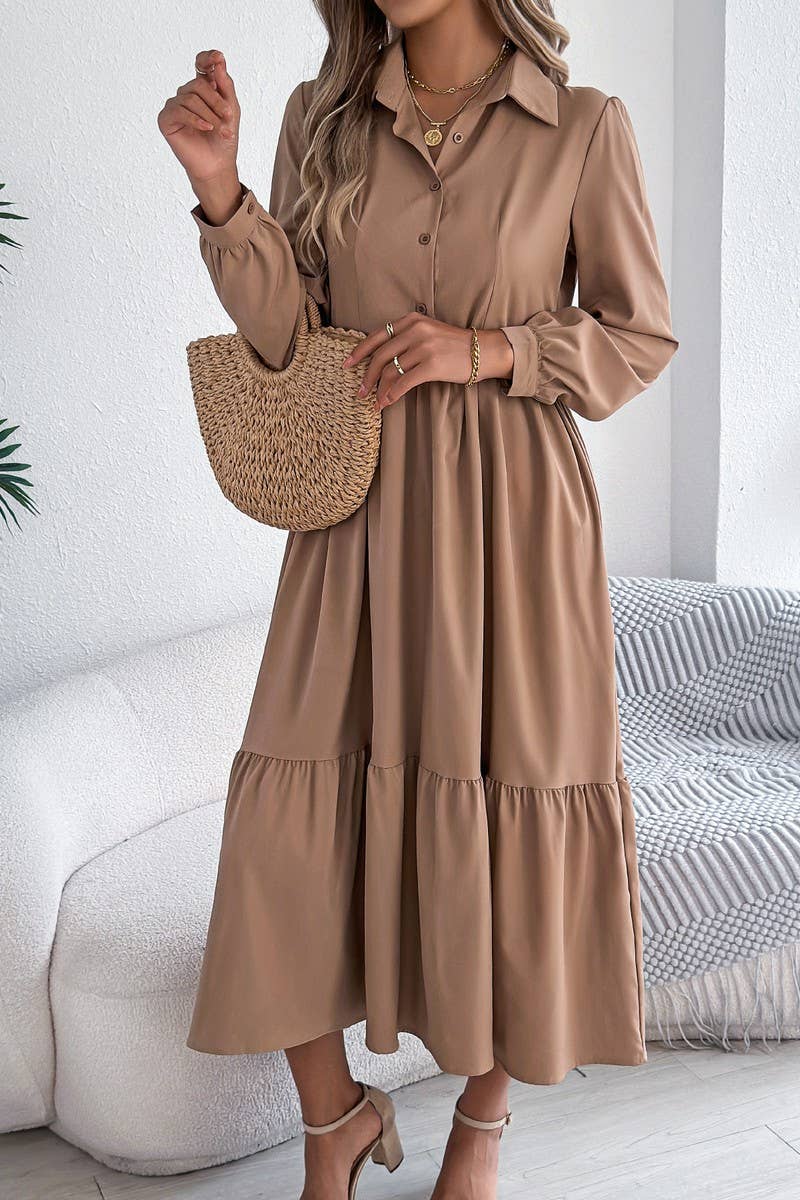 NINEXIS - CWDMD6027_LOOSE FIT RUFFLE TRIM LONG SLEEVE SHIRT DRESS