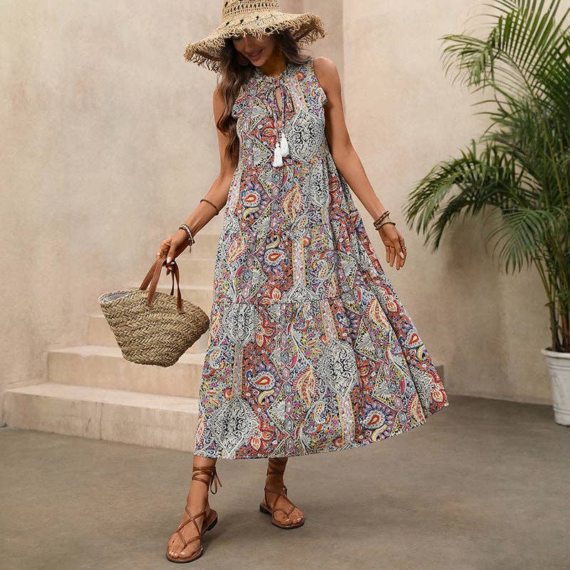 Lovesoft - Women’s Boho Paisley Tassel Maxi Dress Sleeveless